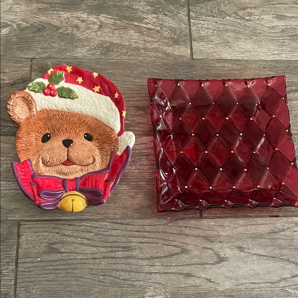 Festive Bear and Red Glass Dish Set